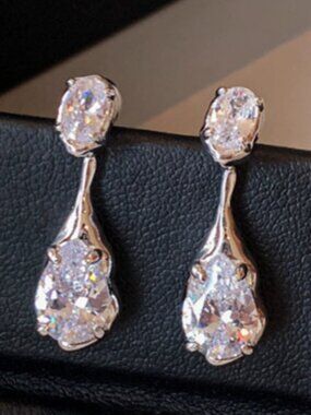 Silver Liquid Metal Double Teardrop Cubic Zirconia Dangle Earrings Wedding Eveni